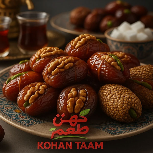 رنگینک خرما با مغز گردو و تزیین زعفران